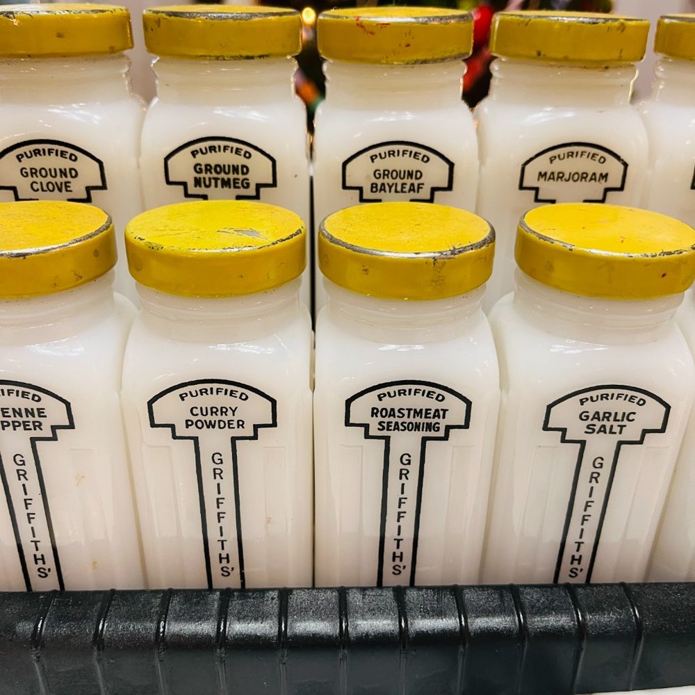 Retro milk glass Griffiths spice jar set of 12 - Picture 7 of 14